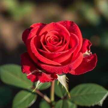 A beautiful red rose has just bloomed and is still on the tree