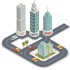 Digital City with Stock-Shaped Roads, ETF and Crypto Cars, and Chart Skyscrapers — Isometric Metaphor for Navigating Finance