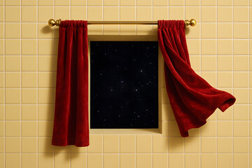 Cosmic Revelation: A square window frames the night sky, the red curtains blowing gently in the breeze. The scene invites viewers to gaze.