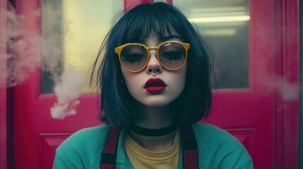 A woman with blue hair and sunglasses exhales smoke in front of a pink door