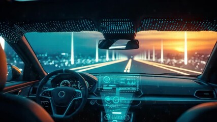 A futuristic car interior with a high-tech dashboard displayed driving on a glowing road at sunset with a vibrant city skyline in the background ideal for automotive and technology themes - Powered by Adobe