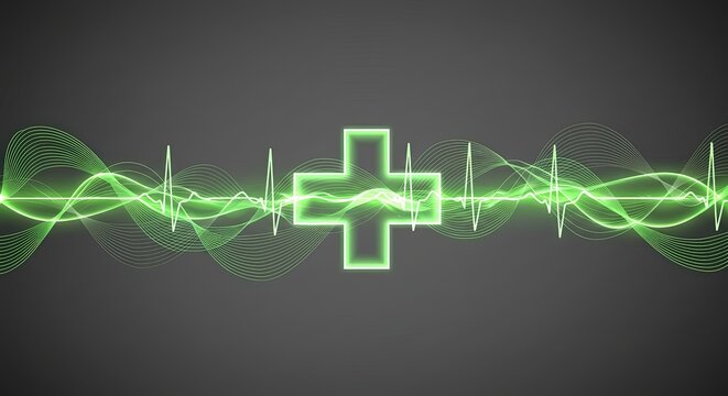 Neon green medical cross with cardiogram waves
