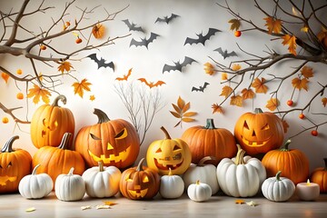 A collection of carved halloween pumpkins and decorations