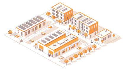Isometric illustration depicting a city with buildings cars trees and people in a stylized view