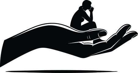 Protective hand holding person silhouette, support and care concept, mental health reflection, strength and resilience, black and white vector design