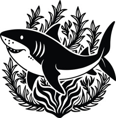 Cut Shark Sea Underwater Plant Silhouette Vector, black and white fish
