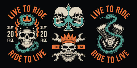 Fototapeta premium Biker Patch Vector Set – Emblem Designs for Jackets, Logos, Apparel, Badges, Motorcycle Club Symbols, Vintage Style, Isolated on Dark Background, Editable Vector Art