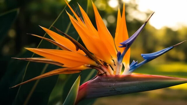 Close-up of vibrant orange and blue bird of paradise flower blooming in tropical jungle foliage, representing exotic nature and tropical beauty, peaceful and lush mood.