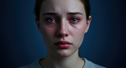 Sad Woman Crying with Tear-Stained Face and Red Eyes