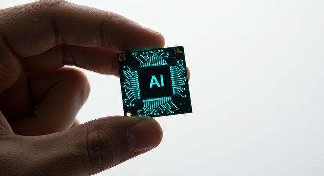 Microchip Featuring ‘AI’ Text Embedded in Electronic Circuitry, Held by Hand