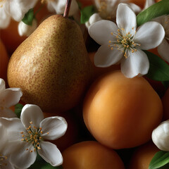 Obraz premium Pear apricot jasmine flower green leaf fresh fruit natural closeup spring healthy organic vibrant