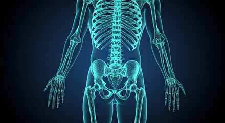 Neon skeleton of a human body against a dark blue background