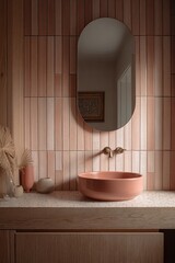 Stylish bathroom with blush pink vertical tiles and modern sink for a relaxing atmosphere