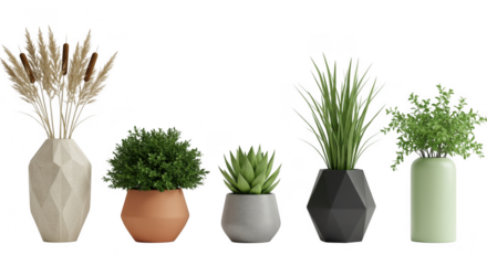 Various potted plants in vases and pots isolated on transparent background