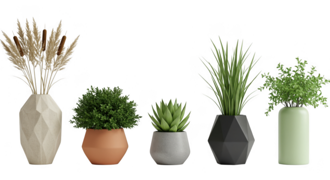Various potted plants in vases and pots isolated on transparent background