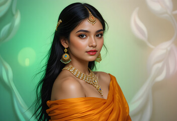 Beautiful Indian Woman in Saffron Saree Traditional Indian Jewelry and Bridal Makeup Elegant Desi Bride or Model Portrait Photography