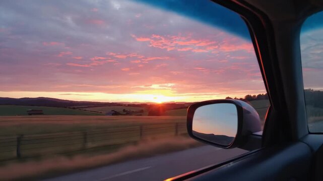 Driving through a stunning rural landscape at sunrise, capturing the vibrant colors of the sky and the peaceful morning atmosphere, evoking a sense of journey and natural beauty.