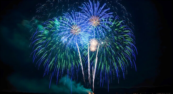 Stunning blue and green fireworks exploding in the night sky for New Year's celebration