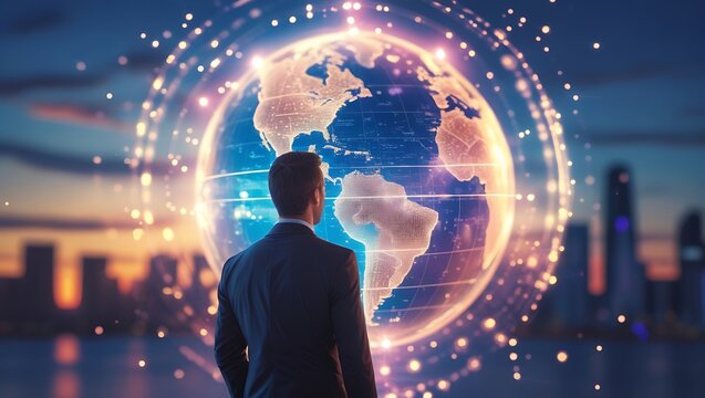 Businessman Observing Glowing Digital Earth Globe in a Futuristic Cityscape