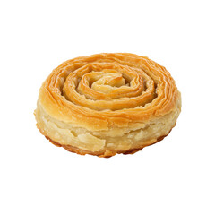 Spiral pastry dessert with flaky layers on a plain background, ideal for culinary presentations