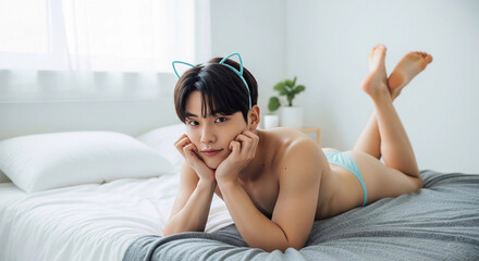Attractive young Asian man in blue underwear with cat ears headband lying on bed in bright modern bedroom. Playful, relaxed, and sensual mood. Ideal for lifestyle, fashion, or bedroom themes.

