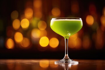 Green cocktail in a coupe glass against a blurred bar backdrop.