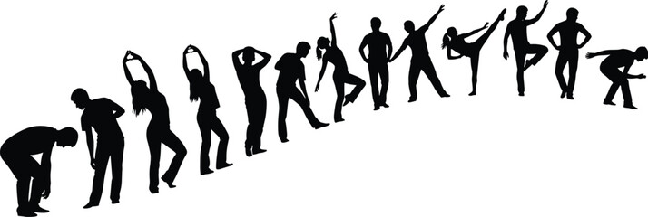 Silhouettes of diverse people in various poses, standing, bending, stretching motion artwork, expressive human figures design, black vector illustration