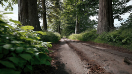Dirt trail forest path with tall trees green foliage sunlight peaceful nature summer outdoor tranquil scenic adventure
