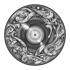 vinyl record surrounded by swirling musical instruments, notes, and artistic flourishes sketch engraving generative ai fictional character vector illustration. Scratch board. Black and white image.