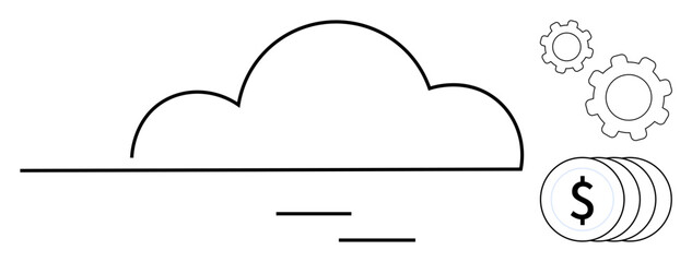 Cloud shape with gears signifying innovation and coins representing financial success. Ideal for technology, cloud computing, business solutions, innovation, finance, operational processes