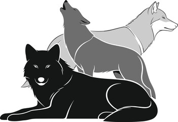 Three wolf silhouettes in black, gray, and white, howling, sitting, lying down, wild animal poses, forest wildlife illustration scene © Ideasy Mind