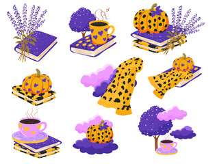 Charming autumn still life with pumpkins, coffee, and lavender amidst cozy elements in vibrant colors