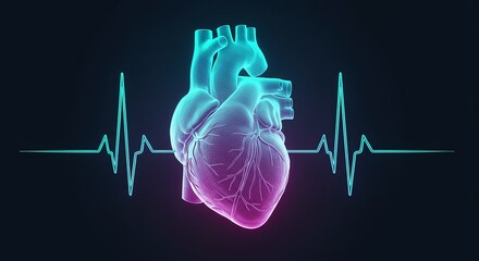 Wireframe heart with electrocardiogram line