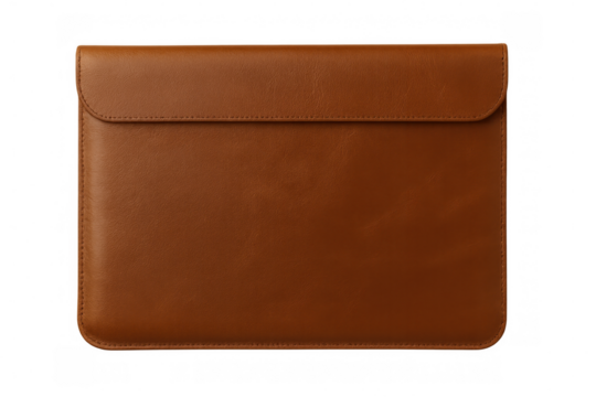 Stylish brown leather laptop sleeve providing protection for modern technology, isolated on a transparent background, perfect for showcasing your designs