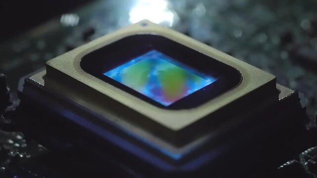 A video matrix located on the printed circuit board plays the accelerated clouds filmed in time lapse. Closeup. Macro. Shallow depth of field 