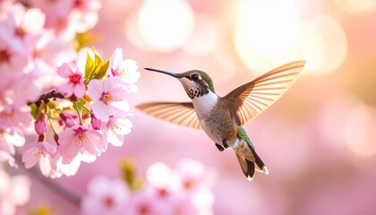 Obraz premium Hummingbird feeding on cherry blossoms nature scene springtime soft focus vibrant colors