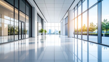 Modern corporate office space urban city interior design bright environment wide angle view professional aesthetic