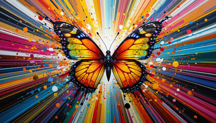 Bright butterfly on abstract background with multicolored paint splashes. Bright explosion of color, paint splashes and dynamic lines. For design and advertising
