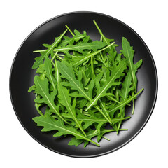 Fresh arugula leaves arranged neatly on a black plate, showcasing vibrant greens for culinary use