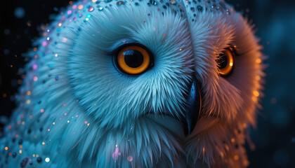 Macro shot of an owl's head, expressive look with big yellow eyes. Nature, animals, wild fauna. Symbol of night and mystery