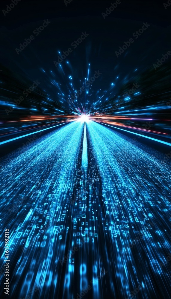 Poster a dynamic digital network highway with data streams accelerating through interconnected systems.