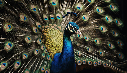 Beautiful peacock with fanned tail. Detailed image of bright feathers with patterns. for nature and decorative illustrations