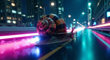Surreal concept: slow snail with neon speed trails in futuristic cyberpunk city at night. Creative metaphor for business progress and time paradox.