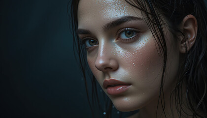 Portrait of a woman with wet hair and drops on her skin. Piercing turquoise eyes express thoughtfulness. Advertising of cosmetics, perfume, Concept of freshness.