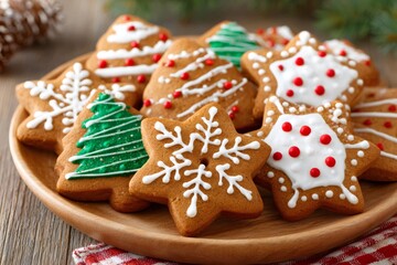 Festive gingerbread cookies with holiday decorations