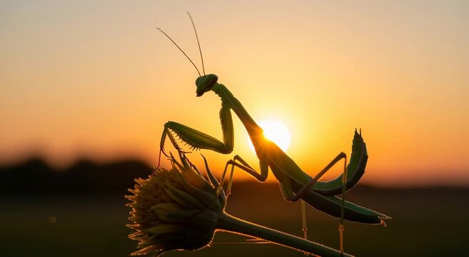 Praying mantis silhouette on a flower at sunset