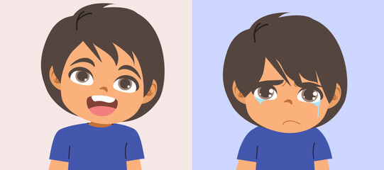 Cartoon baby boy with two emotional expressions: joyful and sad crying child. Drawing for parenting content, educational visuals or emotional learning tools