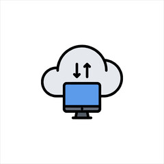 Computer connects to cloud server for data transfer and storage in modern technology environment, showcasing seamless connectivity and efficiency.