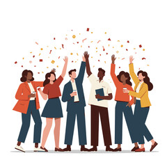 Obraz premium Illustration of six diverse people raising hands amidst falling confetti, celebrating business success, unity, and achievement in a joyful and inclusive professional environment