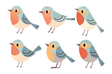 Fototapeta premium Flock of cute birds: Adorable collection of brightly colored birds in various poses, perfect for adding a touch of whimsy and charm to any design. 